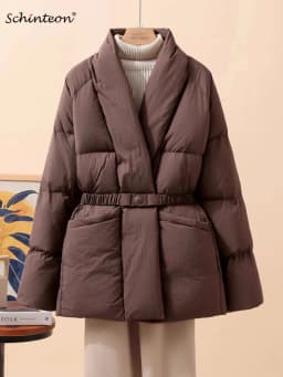 Schinteon Women White Duck Down Jacket Casual Loose Belt V-neck Collar Fashion Autumn Winter Outwear Korean Style Coat 2025 New