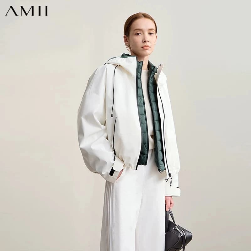 AMII Down Jackets Woman 2026 Winter New Commuter Patchwork Hooded Long Sleeves Jacket Short Loose Warm Women's Top 12544036