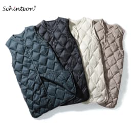 Schinteon Women Ultralight White Duck Down Long Vest Sleeveless Jacket V-Neck Collar Argyle Autumn Winter Fashion Top 2026 New