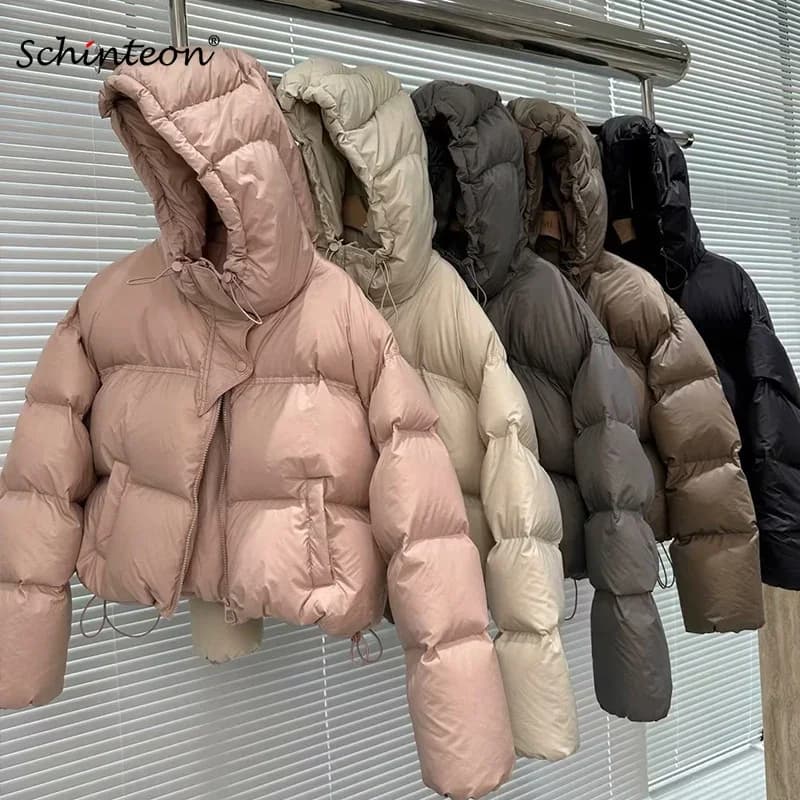 Schinteon Women White Duck Down Jacket with Hood Autumn Winter Warm Over Size Casual Short Thick Outwear 2024 New