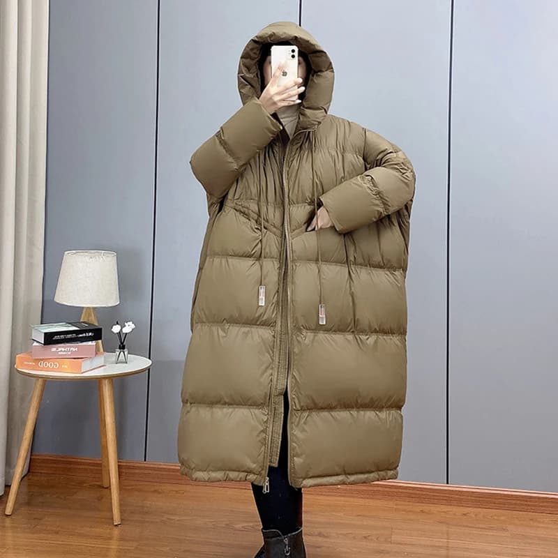 Janveny 2025 New Winter Hooded Drawstring Loose Puffer Jacket Women Solid Casual Silhouette Long 90% White Duck Down Warm Coat