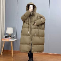 Janveny 2025 New Winter Hooded Drawstring Loose Puffer Jacket Women Solid Casual Silhouette Long 90% White Duck Down Warm Coat