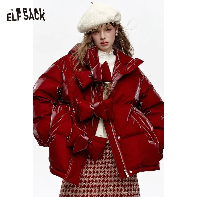 ELFSACK Women's Winter Short down Jacket Hooded Bow Button Detail New Arrival Fashion Outerwear