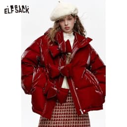 ELFSACK Women's Winter Short down Jacket Hooded Bow Button Detail New Arrival Fashion Outerwear