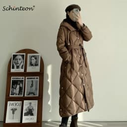 Schinteon Women White Duck Down X-Long Jacket Autumn Winter Warm Office Lady Outwear with Hood Belt Argyle Fashionable Coat 2025