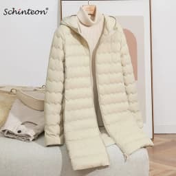 Schinteon Women's Lightweight 90% White Duck down Long Jacket with Hood Casual Autumn Winter High Qaulity Outwear Coat 2026 New