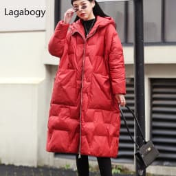 Lagabogy 2025 New Winter Women Oversize Long 90% White Duck Down Jacket Female Hooded Thick Warm Casual Pocket Parkas Snow Coat