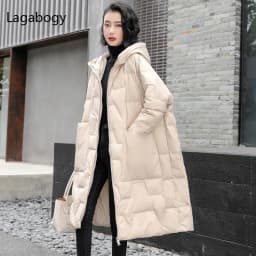 Lagabogy 2025 New Winter Women Oversize Long 90% White Duck Down Jacket Female Hooded Thick Warm Casual Pocket Parkas Snow Coat