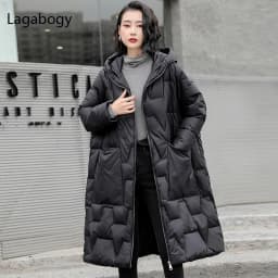 Lagabogy 2025 New Winter Women Oversize Long 90% White Duck Down Jacket Female Hooded Thick Warm Casual Pocket Parkas Snow Coat