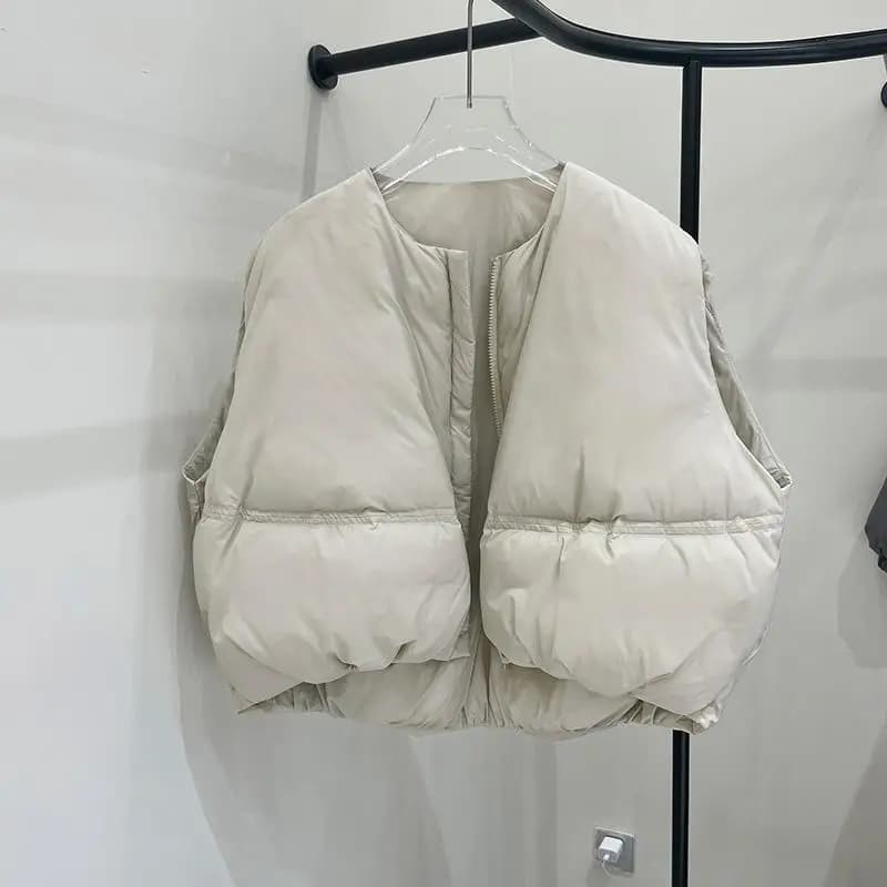 Artistic Short White Duck down Vest Women's Outerwear Fashionable Commute Style Regular Fit Thin Warmth Zipper Pure Color