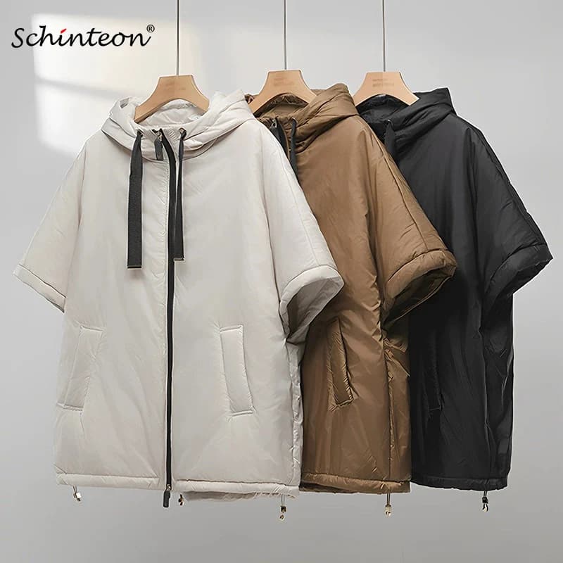 Schinteon Women Camel Down Cape Vest with Hood Loose Sleeveless Gilet Solid Fashionable Autumn Winter Jacket 2026 New