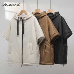 Schinteon Women Camel Down Cape Vest with Hood Loose Sleeveless Gilet Solid Fashionable Autumn Winter Jacket 2026 New