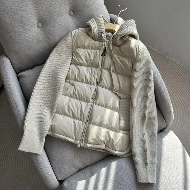 White Duck down Knitted Short Puffer Jacket Women's Lightweight Fashionable Winter Coat with Hat Knot Element