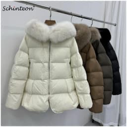 Schinteon Women 100% Real Fox Fur Collar White Duck Down Jacket with Hood Autumn Winter Warm Casual A-lined Warm Outwear Cape