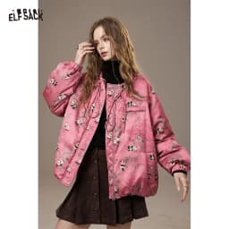 ELFSACK Women's Pink Panda Puffer Jacket with Drawstring, Warm Quilted Winter Coat, Cute Floral Print, Casual Street Style