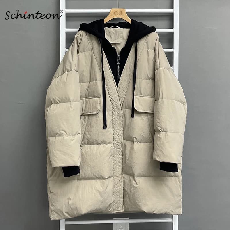 Schinteon Women White Duck Down Over Size Jacket Autumn Winter Warm Casual Outwear with Hood Fake Two Pieces Patchwork Coat 2023