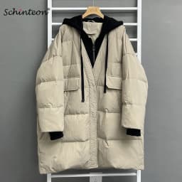 Schinteon Women White Duck Down Over Size Jacket Autumn Winter Warm Casual Outwear with Hood Fake Two Pieces Patchwork Coat 2023