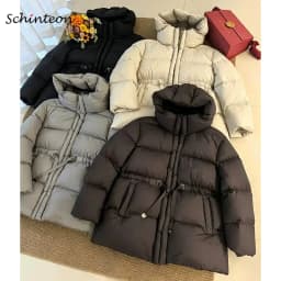 Schinteon Women White Down Jacket with Hood Solid Color Thick Warm Autumn Winter Outwear Parka Drawstring Coat 2026 New Fashion