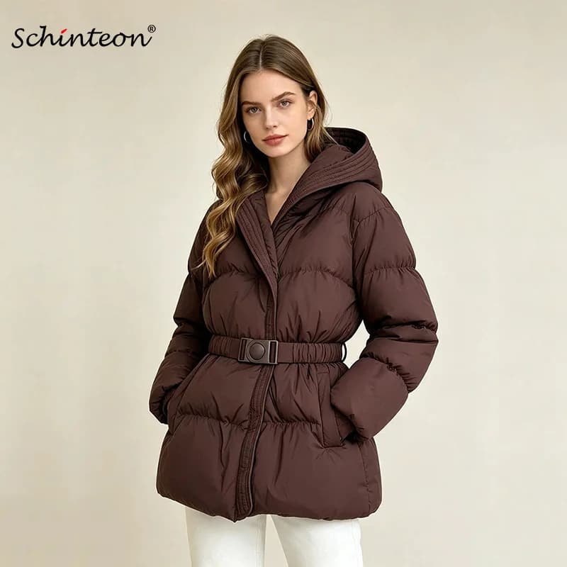 Schinteon Women White Down Jacket with Hood Solid Color Fashionable Autumn Winter Warm Outwear Parka Belt 2026 New Real Pictures