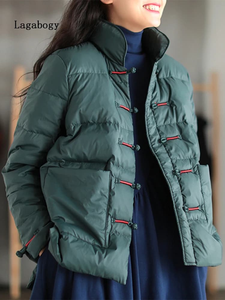 Lagabogy 2025 New Winter Warm White Duck Down Coat Women Vintage Slim Short Jacket Autumn Female Embroidery Casual Basic Parkas