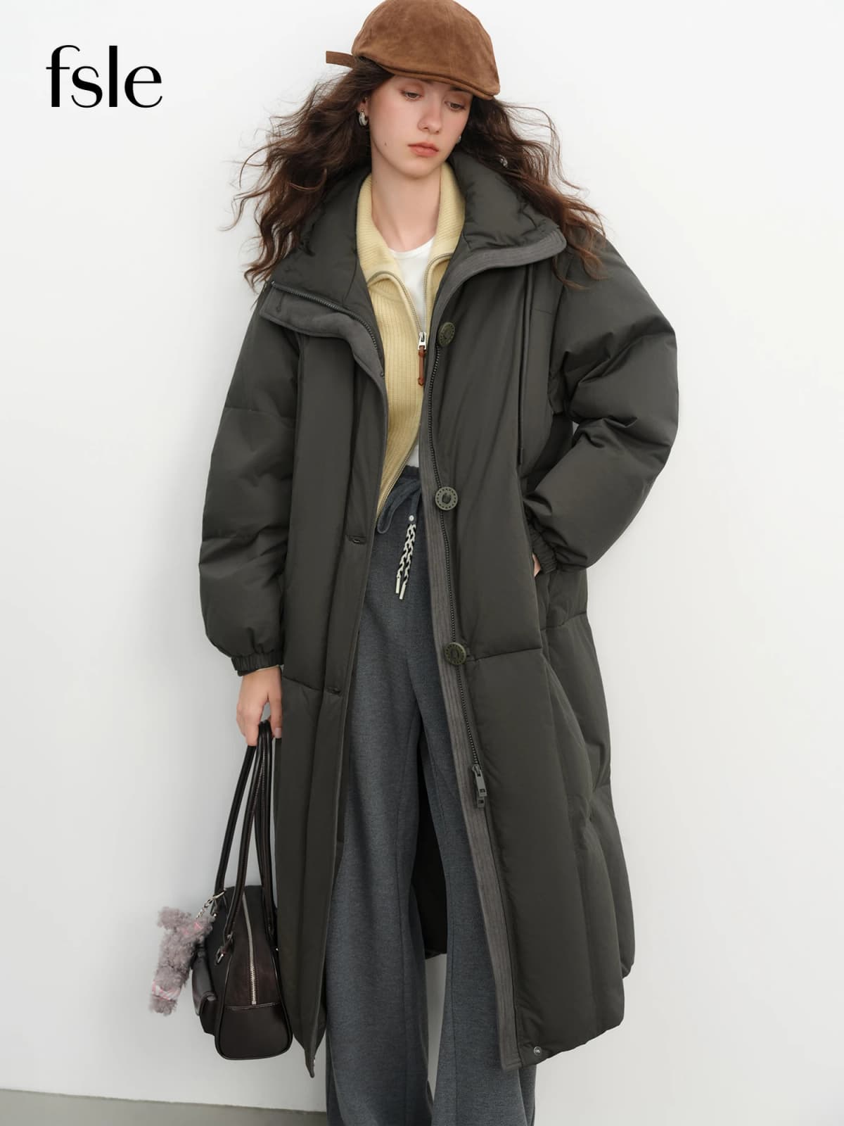 FSLE Winter Women Mid-Length Puffer Downcoat with Stand Collar Korean Style Slouchy Down Jacket Loose Fit Warm Soft Outerwear