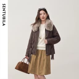 SENTUBILA Women Winter 90% White Duck Down Jacket 2026 Office Ladies Commuter Warm Faux Fur Hooded Belt jacket Woman W64YD8064
