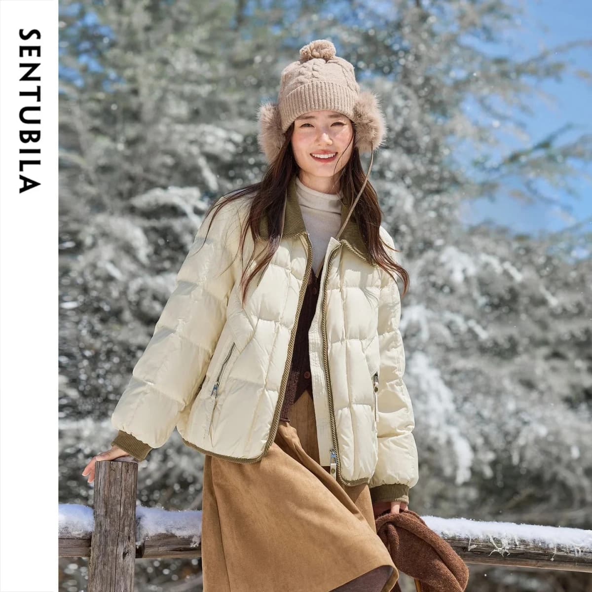 SENTUBILA 90% White Duck Down Jacket Women's 2026 Color Contrast Lapel Zip Pocket Coat Winter Loose Warm Outerwear W64YC7611