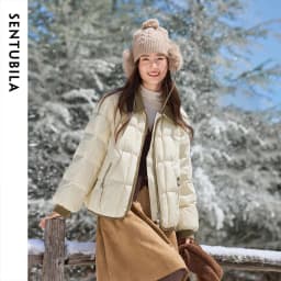 SENTUBILA 90% White Duck Down Jacket Women's 2026 Color Contrast Lapel Zip Pocket Coat Winter Loose Warm Outerwear W64YC7611