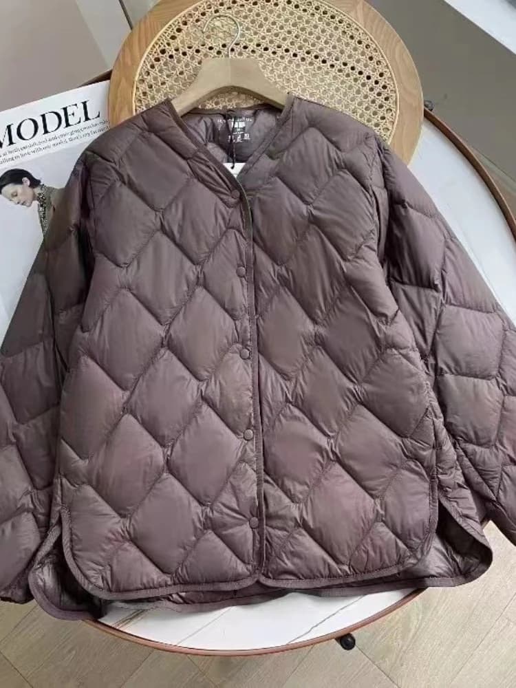 Women Lightweight Down Jacket Diamond Grid Collarless Autumn Winter White Duck Down Thickening Casual Down Coat Female Outwear