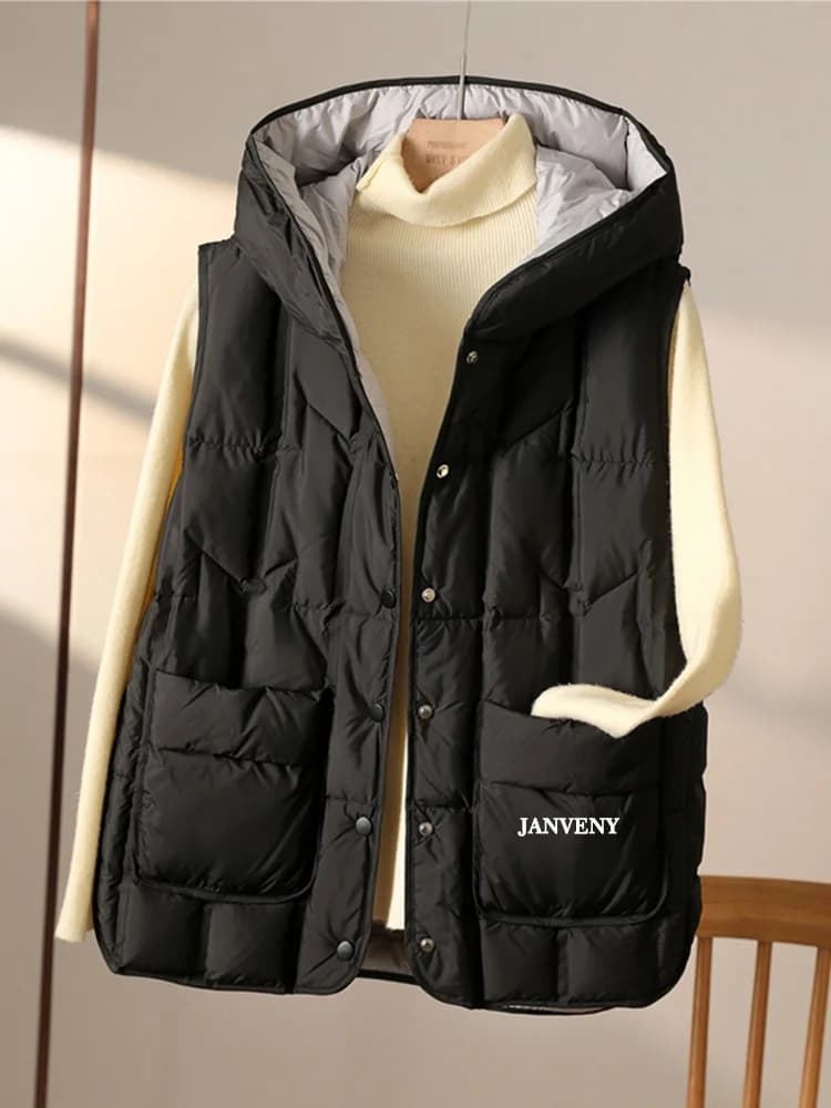 Janveny 2025 New Fashion Women Hooded Down Sleeveless Vest Women Lightweight Seamless White Duck Feather Puffer Short Waistcoat