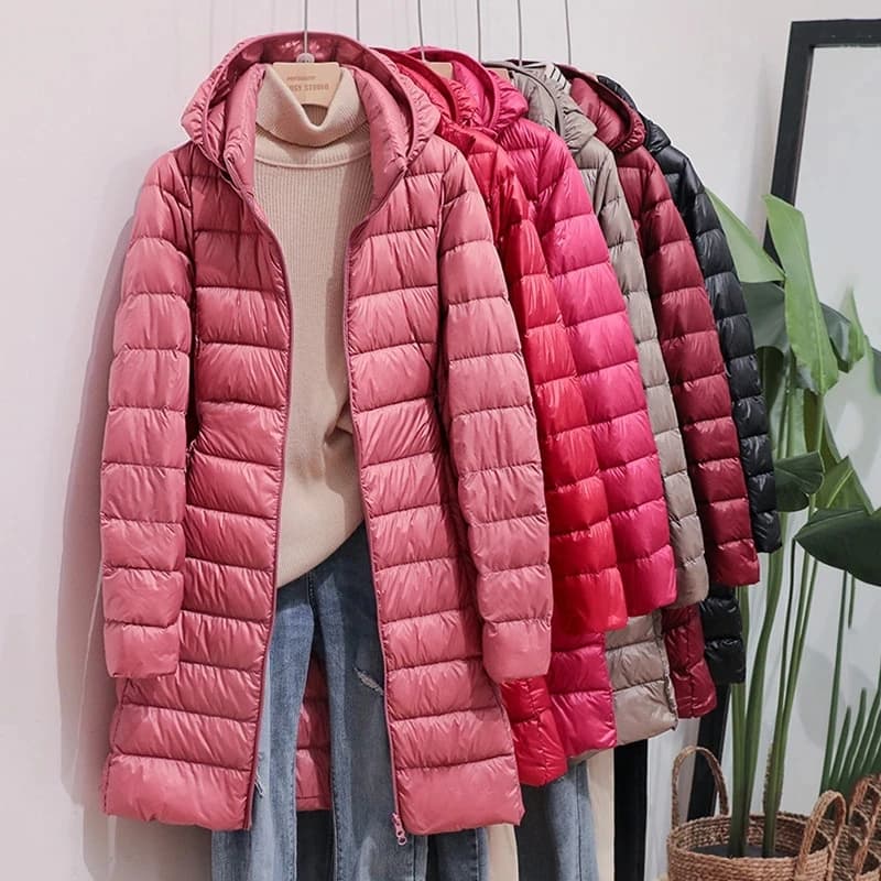 Plus Size Winter Womens Down Jackets Long Ultra Light Thin Casual Coat Puffer Jacket Slim Remove Hooded Parka Portable Windproof
