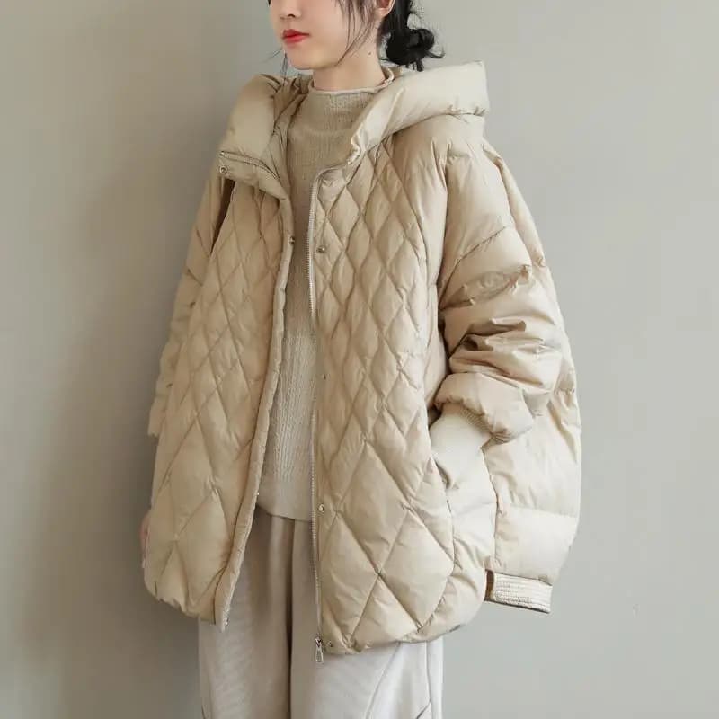 White Duck down Puffer Jacket Women's Hooded Loose Fit Art Deco Large Size Mid-Length Coat Diamond Pattern Commute Style