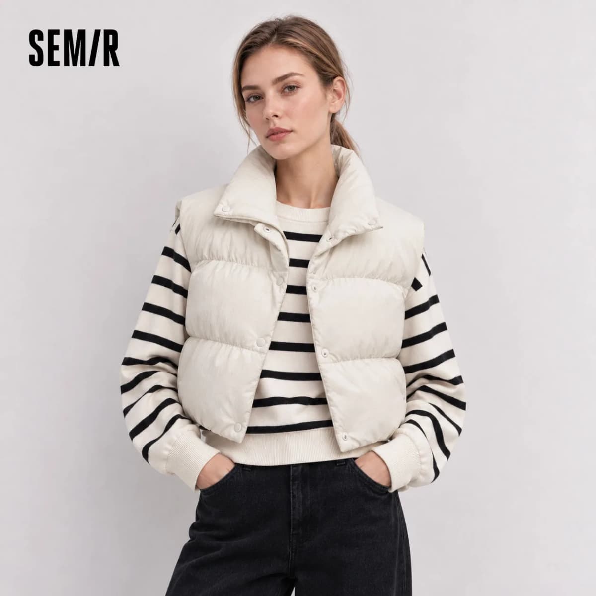 Semir Women Down Vest Cropped 90 Percent Down Fill Textured Stand Collar Loose Fit Drawstring Balloon Shape 2026 New