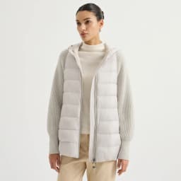 BY4621558 Women's Hooded Quilted Goose Down Jacket Cashmere Knit Sleeves Waffle Knit Chain Zipper Pull Old Money Elegant Winter