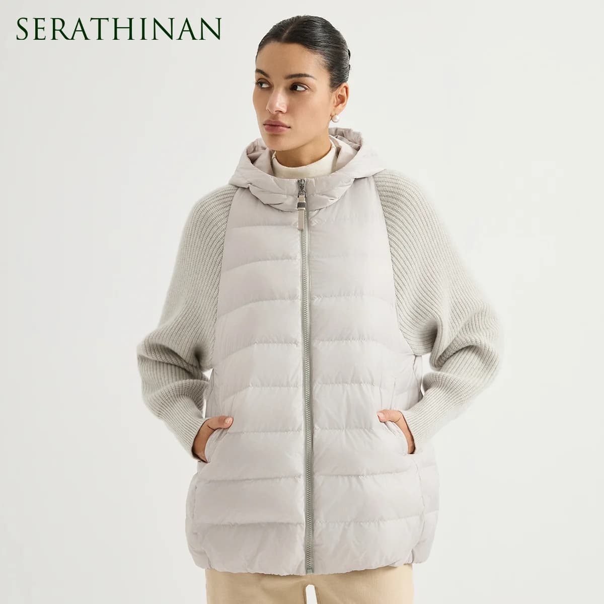 BY4621558 Women's Hooded Quilted Goose Down Jacket Cashmere Knit Sleeves Waffle Knit Chain Zipper Pull Old Money Elegant Winter