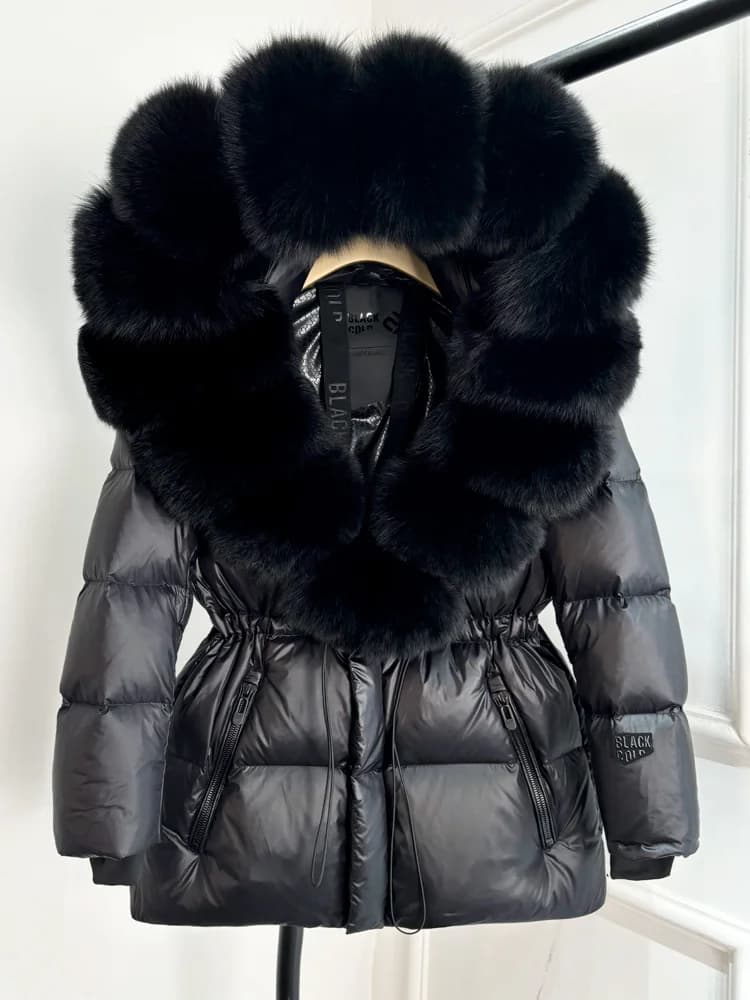 Lagabogy 2025 Real Fox Fur Collar Winter Women Hooded Puffer Jacket 90% White Goose Down Coat Female Thick Waterproof Outerwear