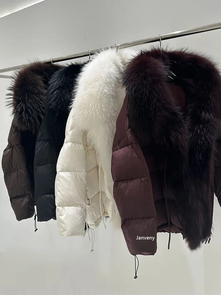 Janveny 2026 New Oversized Raccoon Fur Collar Winter Puffer Hooded Jacket Women Thick Warm White Duck Down Coat Waterproof Parka