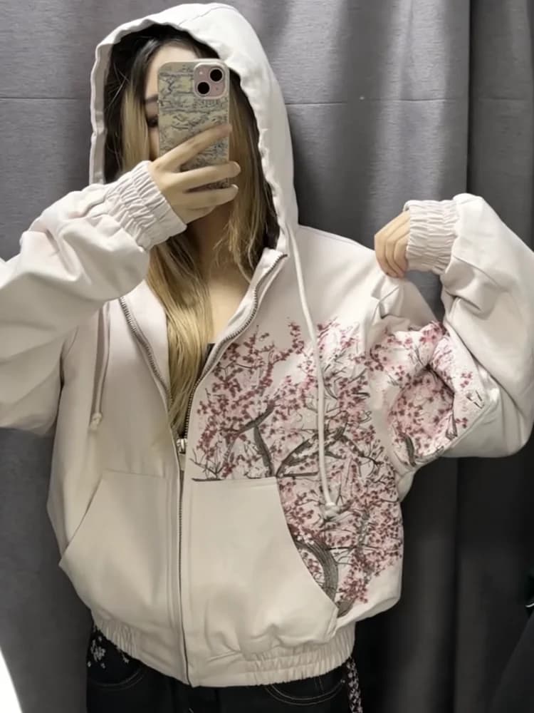 American Harajuku Sakura Retro Embroidery Pink Hoodie Y2K Jacket Men Women Gothic Streetwear Oversized Casual Fashion Outerwear
