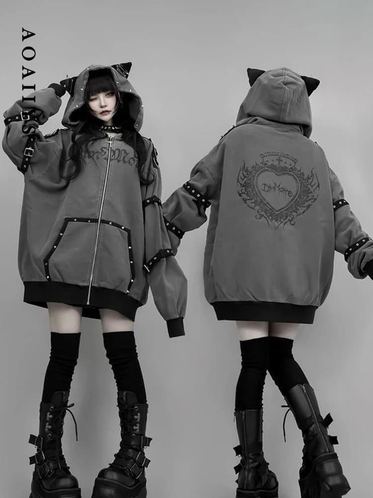Aoaiiys Hoodies Women Y2k Aesthetic Letter Print Punk Grunge Hoodie Pocket Harajuku Streetwear Zipper Cat Ear Hooded Sweatshirts