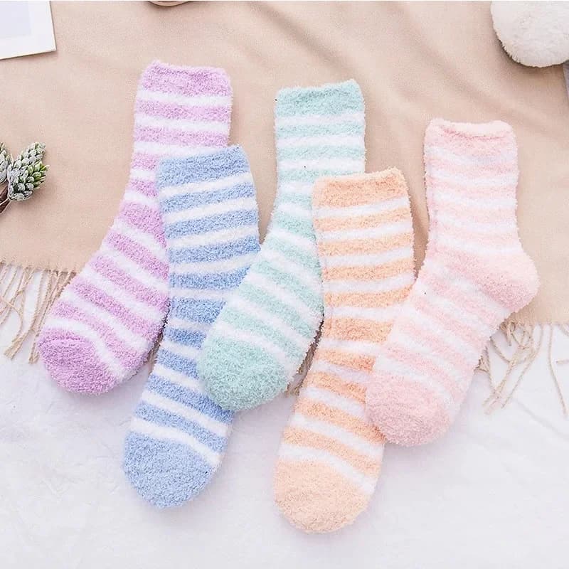 1 Pair Women's Autumn and Winter Striped Coral Fleece Sleep Socks Thickened Warm Mid-Calf Home Socks Simple Floor Socks