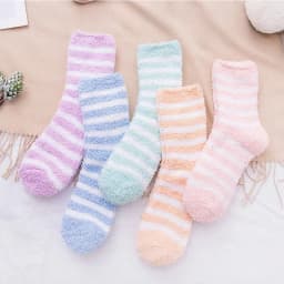 1 Pair Women's Autumn and Winter Striped Coral Fleece Sleep Socks Thickened Warm Mid-Calf Home Socks Simple Floor Socks