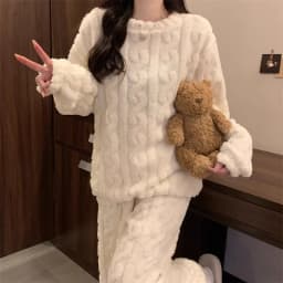 Women's Minimalist Soft Coral Velvet Jacquard Warm Pajama Set Cozy Loungewear Outerwear for Winter Christmas Back to School Gift