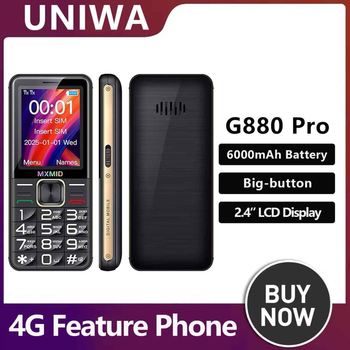 UNIWA G880 Pro 4G Feature Phone 2.4 Inch Display Large Fronts Big Volume For Elder 6800mAh Torch light Russia Keyboard Durable