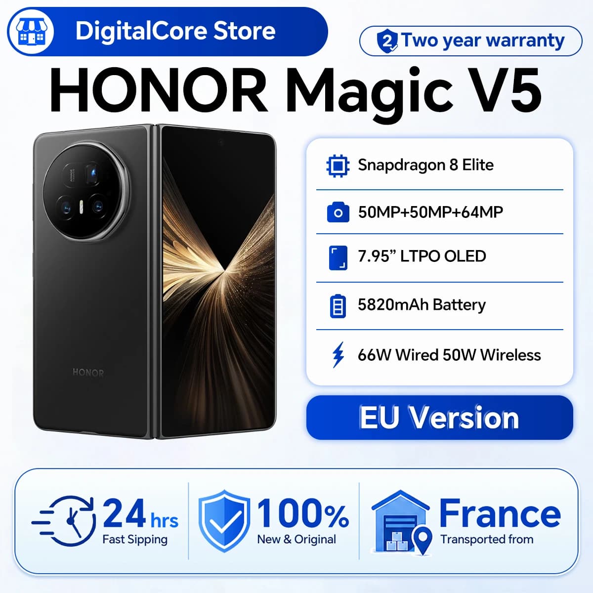 HONOR Magic V5 EU Version Original 5G Smartphone Dual HDR OLED Display Snapdragon 8 Elite 5820mAh 7.95" 66W SuperCharge