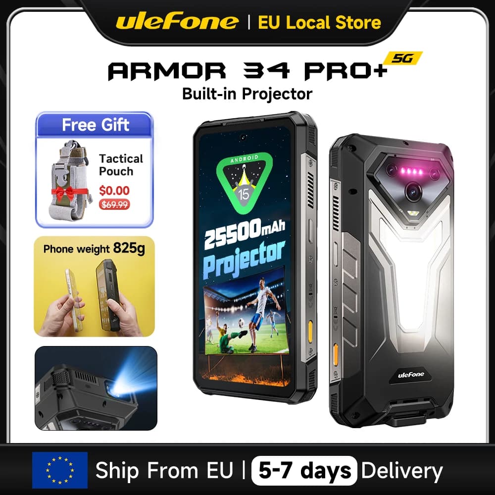 Ulefone Armor 34 Pro+ 5G AI Rugged Smartphone 25500mAh Built-in Projector Up to 32GB+512GB ROM 120Hz 6.95" Mobile Phone NFC