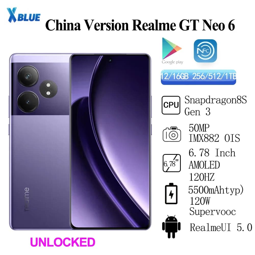 1TB ROM Realme GT Neo 6 sim network Unlocked Snapdragon 8S Gen3 5500mAh 120W Supervooc Rear Camera 50MP IMX882 OIS 6.78Inch