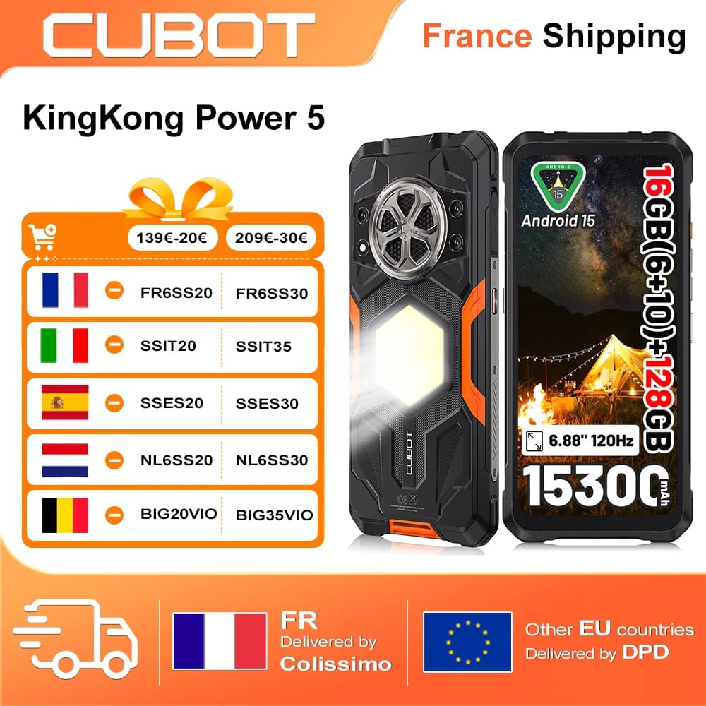 CUBOT KingKong Power 5 Rugged Smartphone G100 16GB RAM (6+10)+128GB ROM Android 15 15300mAh 6.88" 120Hz 64MP Camping Light Phone