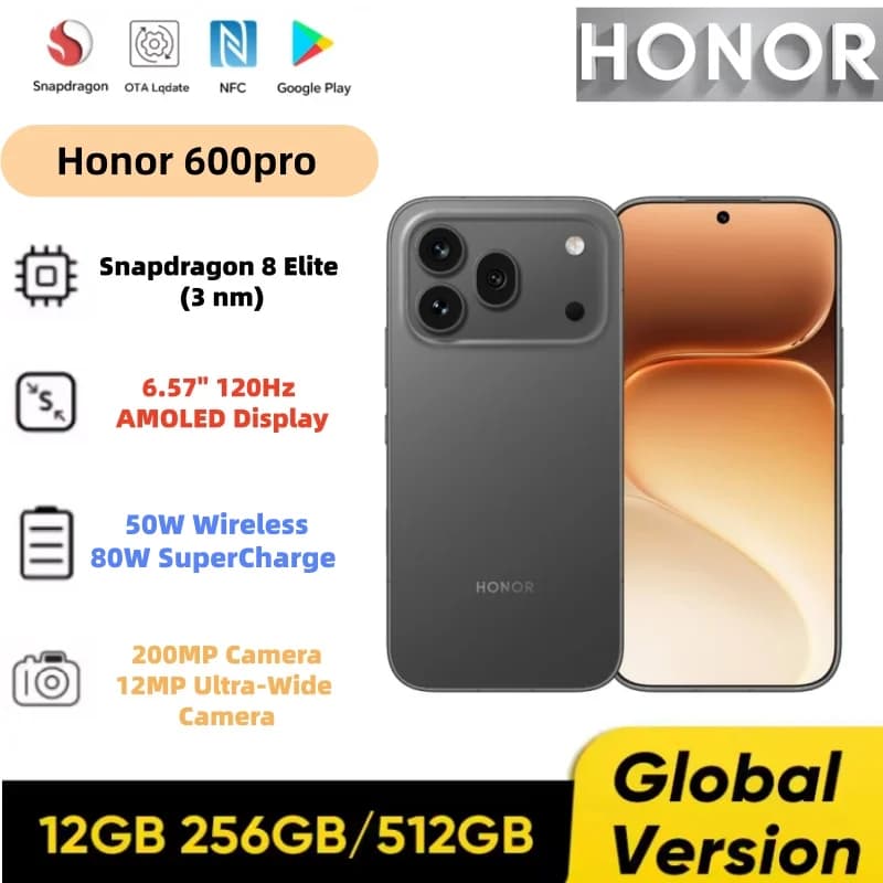 Honor 600 Pro Global Version Snapdragon® 8 Elite 200MP Rear Camera 80W SuperCharge 50W Wireless IP68/IP69 Water Proof