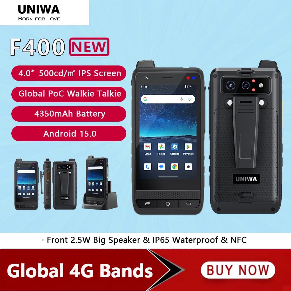 UNIWA F400 Zello POC Walkie Talkie Global 4G Rugged PDA Android 15 4 Inch 4GB+64GB 2.5W Big Speaker 4350mAh PoC SOS Button NFC