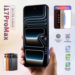 New i17 Pro Max smartphone, Android  15system,  camera button with side fingerprint unlock. Supports dual SIM, WiFi, GPS & Googl